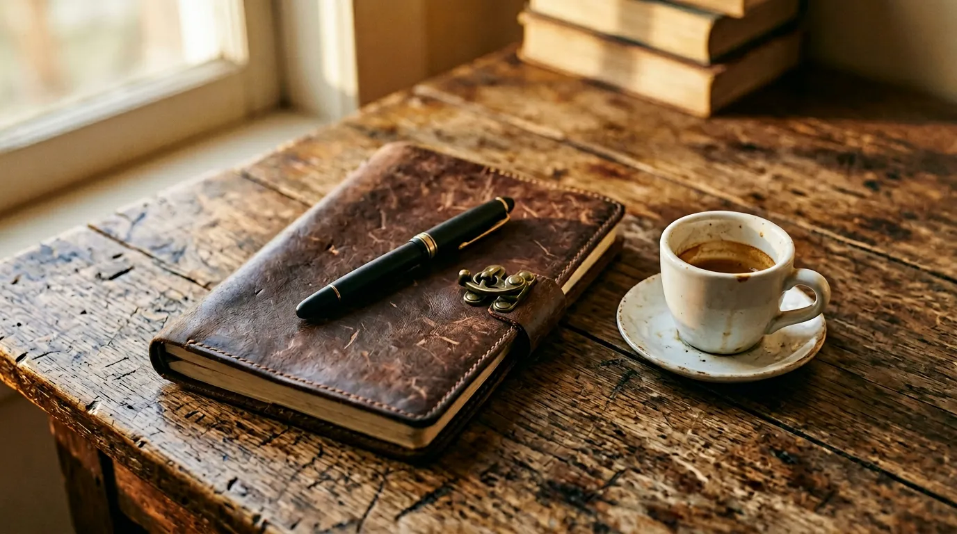 Closed leather notebook with fountain pen and espresso cup on a wooden desk