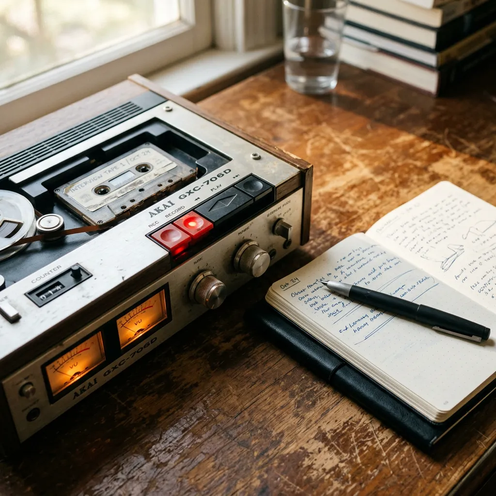 What makes a great AI meeting assistant — vintage tape recorder beside Moleskine and fountain pen