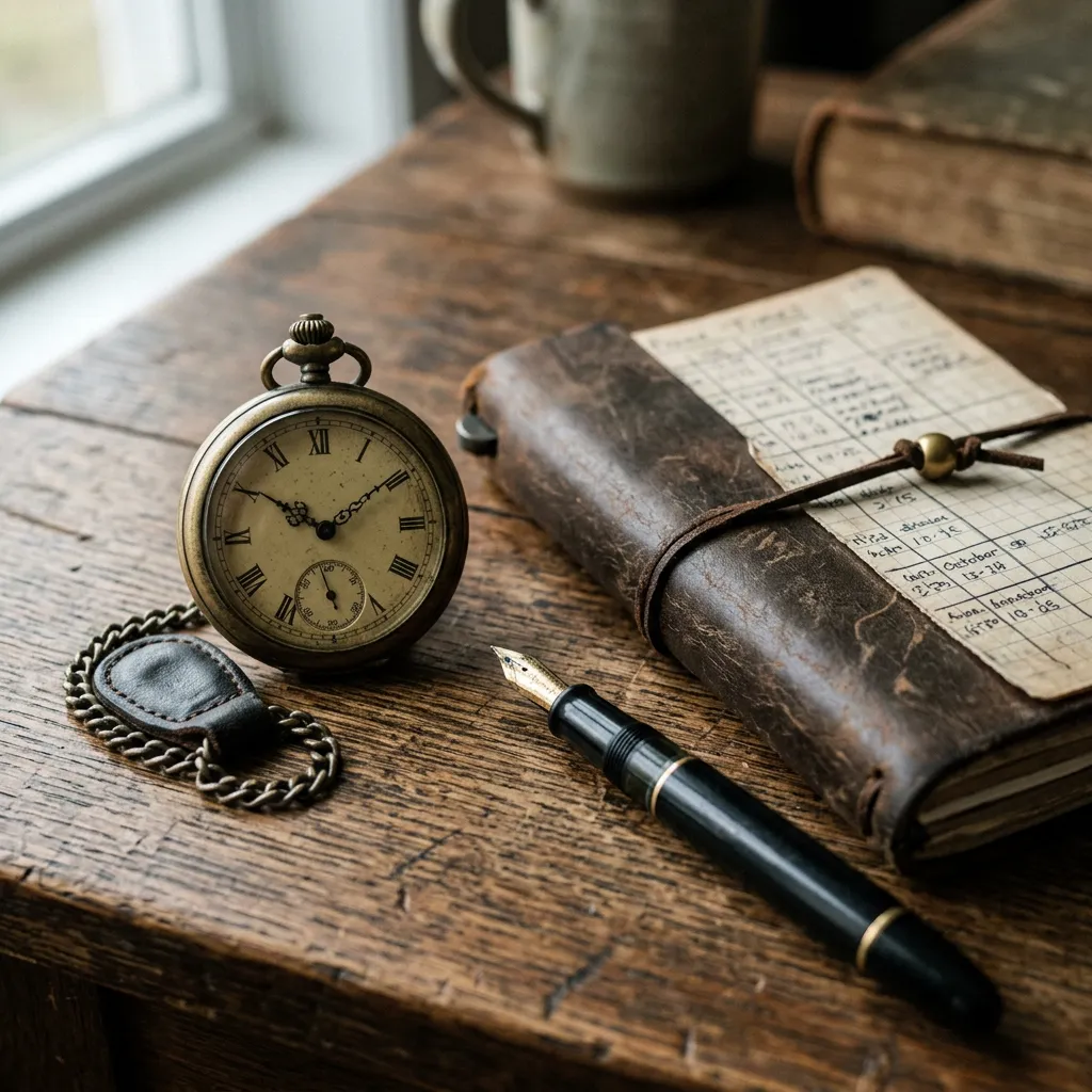Vintage pocket watch and leather time-tracking notebook — billable hours