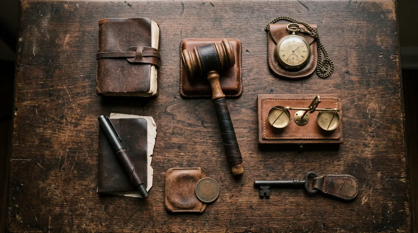 Seven leather-bound objects representing tools laid out for comparison