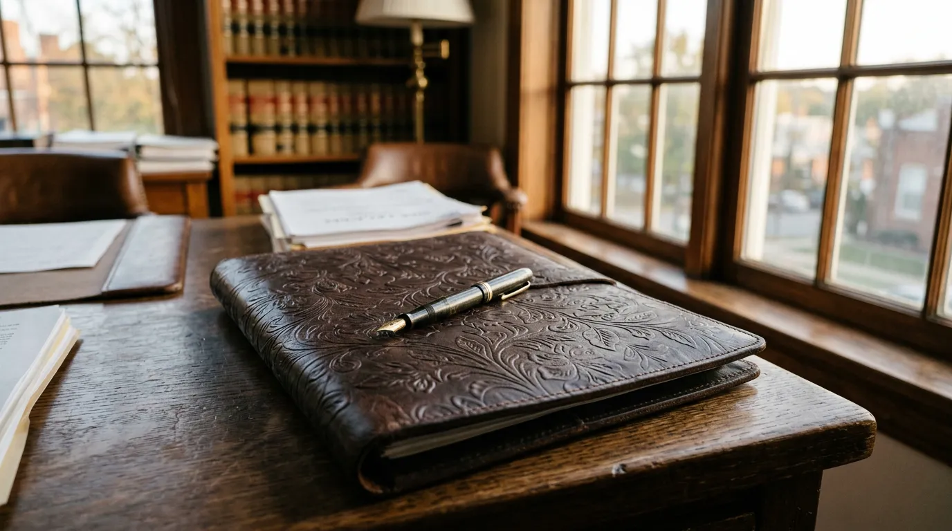 Embossed leather portfolio with fountain pen — the final pick