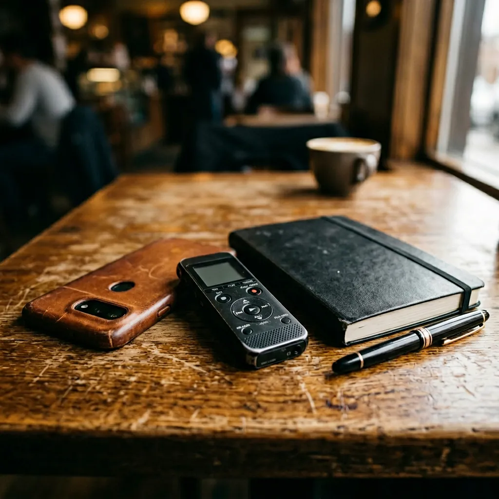 Offline meeting recording — phone face-down beside voice recorder and Moleskine