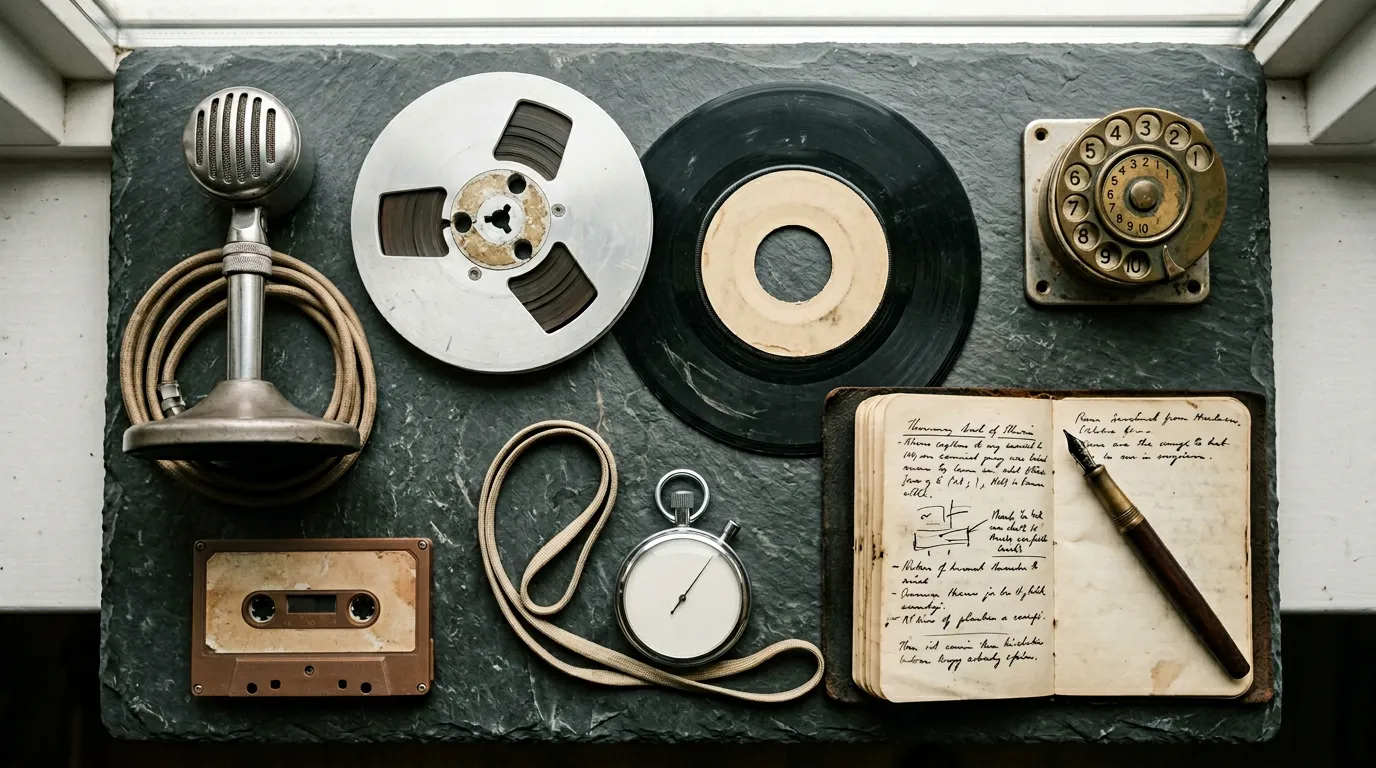 Eight recording-related objects in a flat-lay — transcription tools compared