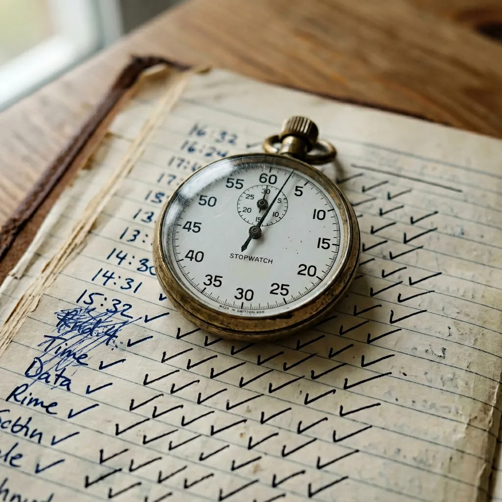 Vintage stopwatch on notebook with handwritten check marks — testing process