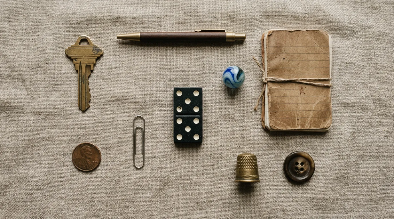 Nine simple objects in a flat-lay representing free tools