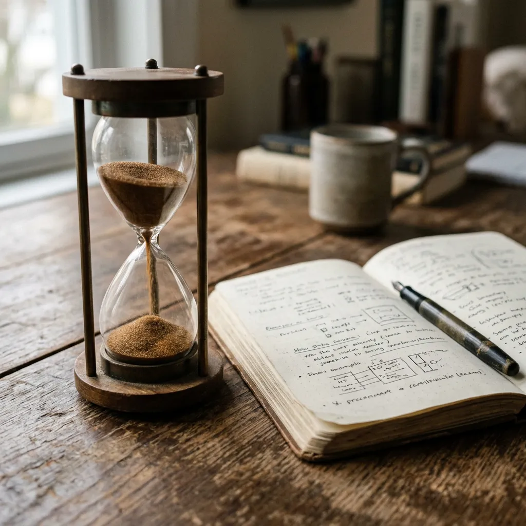 Analog hourglass with sand mid-fall — free tier limits