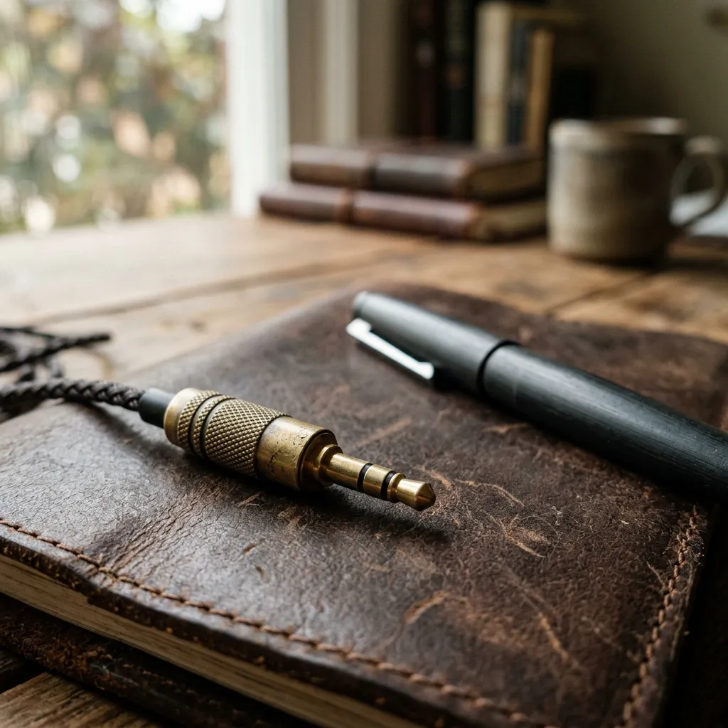 Brass headphone jack on a leather notebook — final pick for podcast summarizers