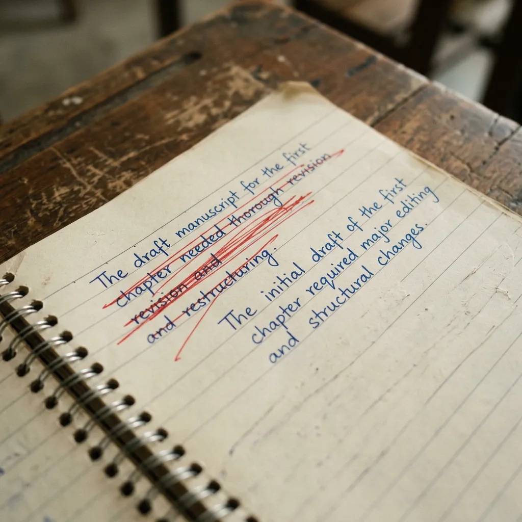Notebook page with crossed-out lines and corrections — CRM fiction