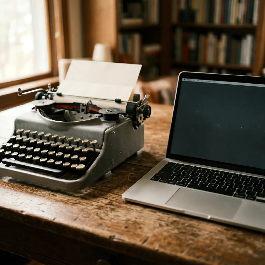 Vintage typewriter beside a modern laptop — old vs new