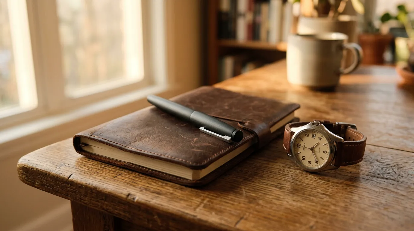 Modern fountain pen on closed leather notebook — moving forward