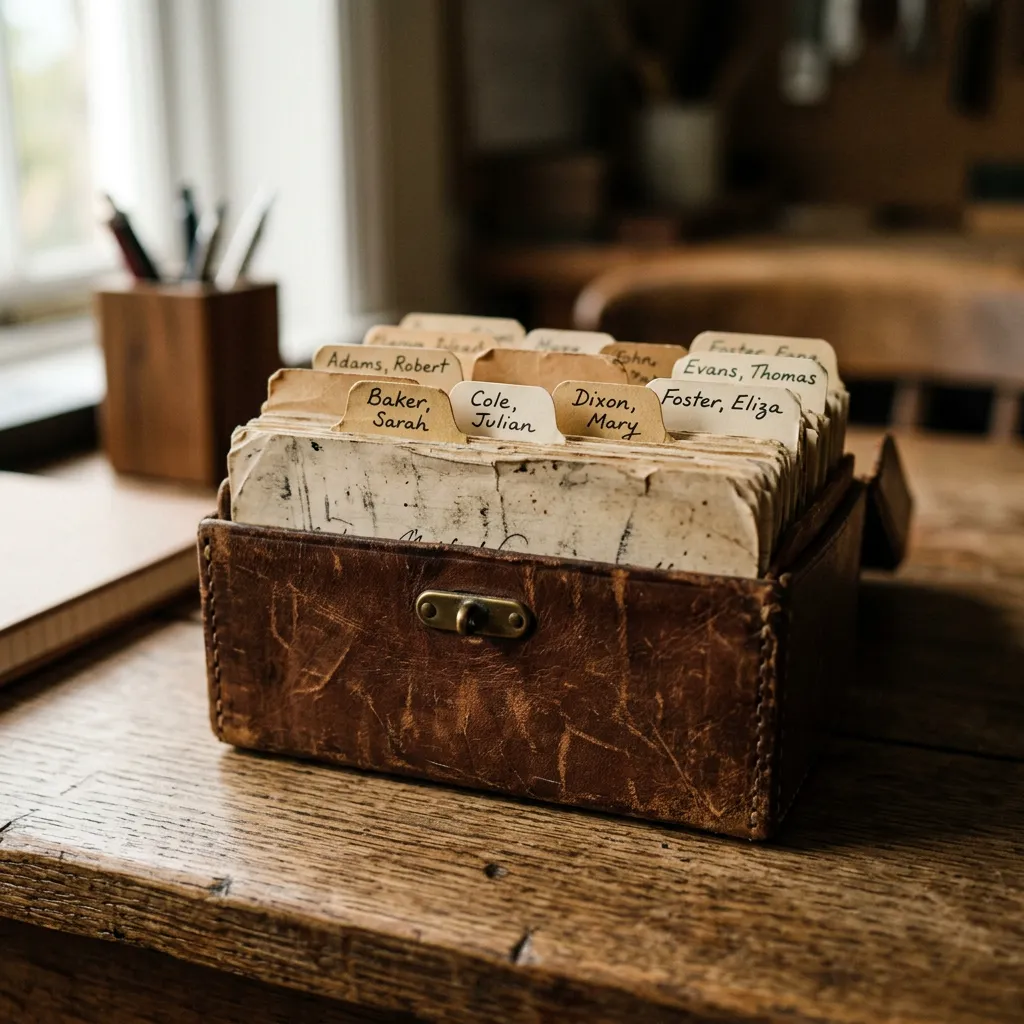 Leather card index box with name tabs — persistent speaker memory