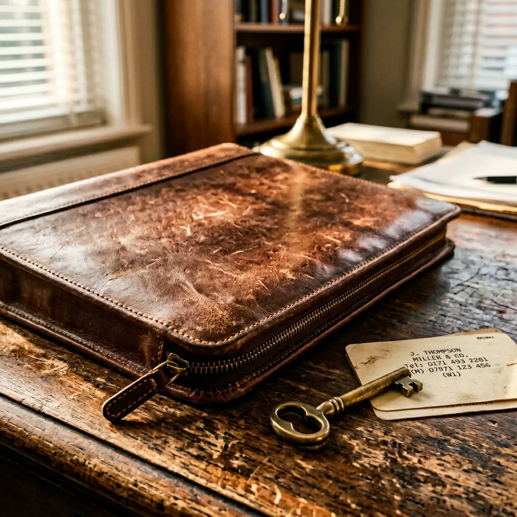 Leather business portfolio with rolodex card — CRM-first meeting tool aesthetic