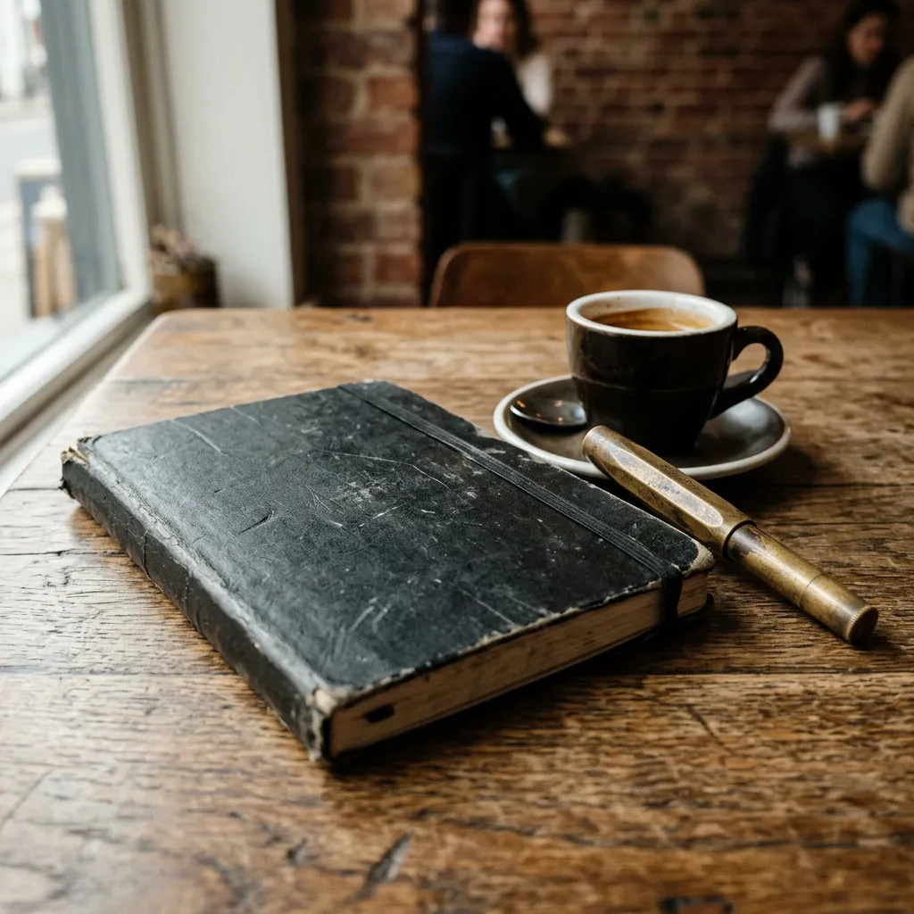 Worn Moleskine notebook on a cafe table — the transcription veteran feel