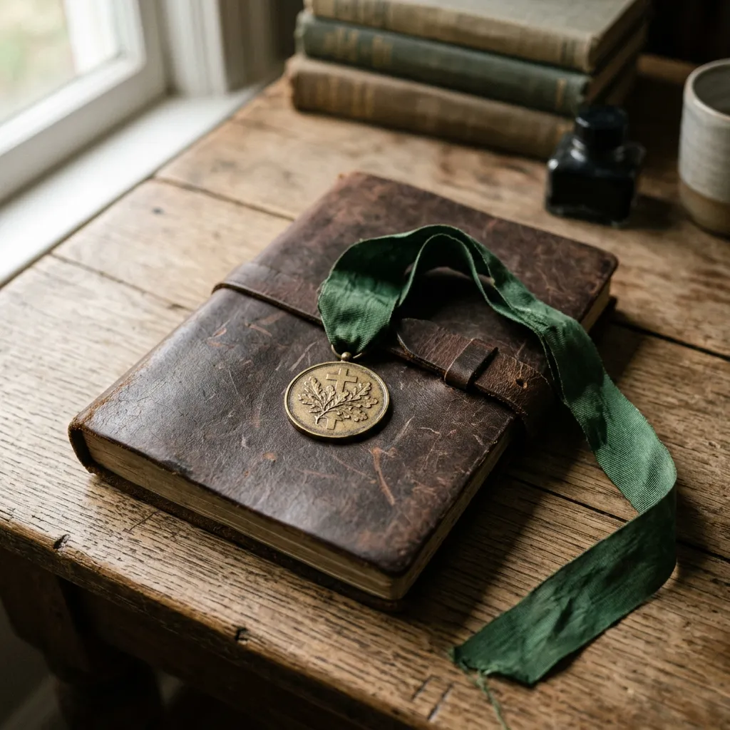 Brass medal on a closed leather journal — the final pick
