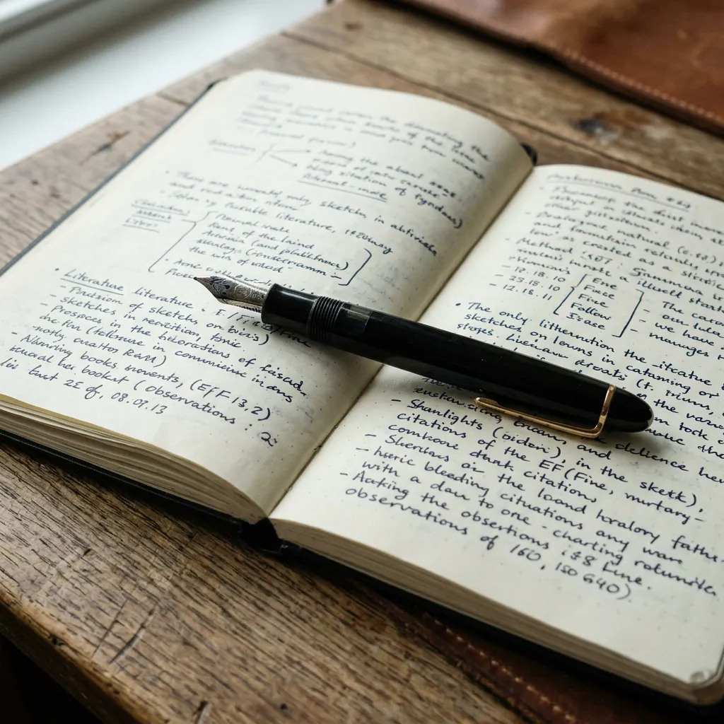 Single fountain pen on open Moleskine — objective summary essence