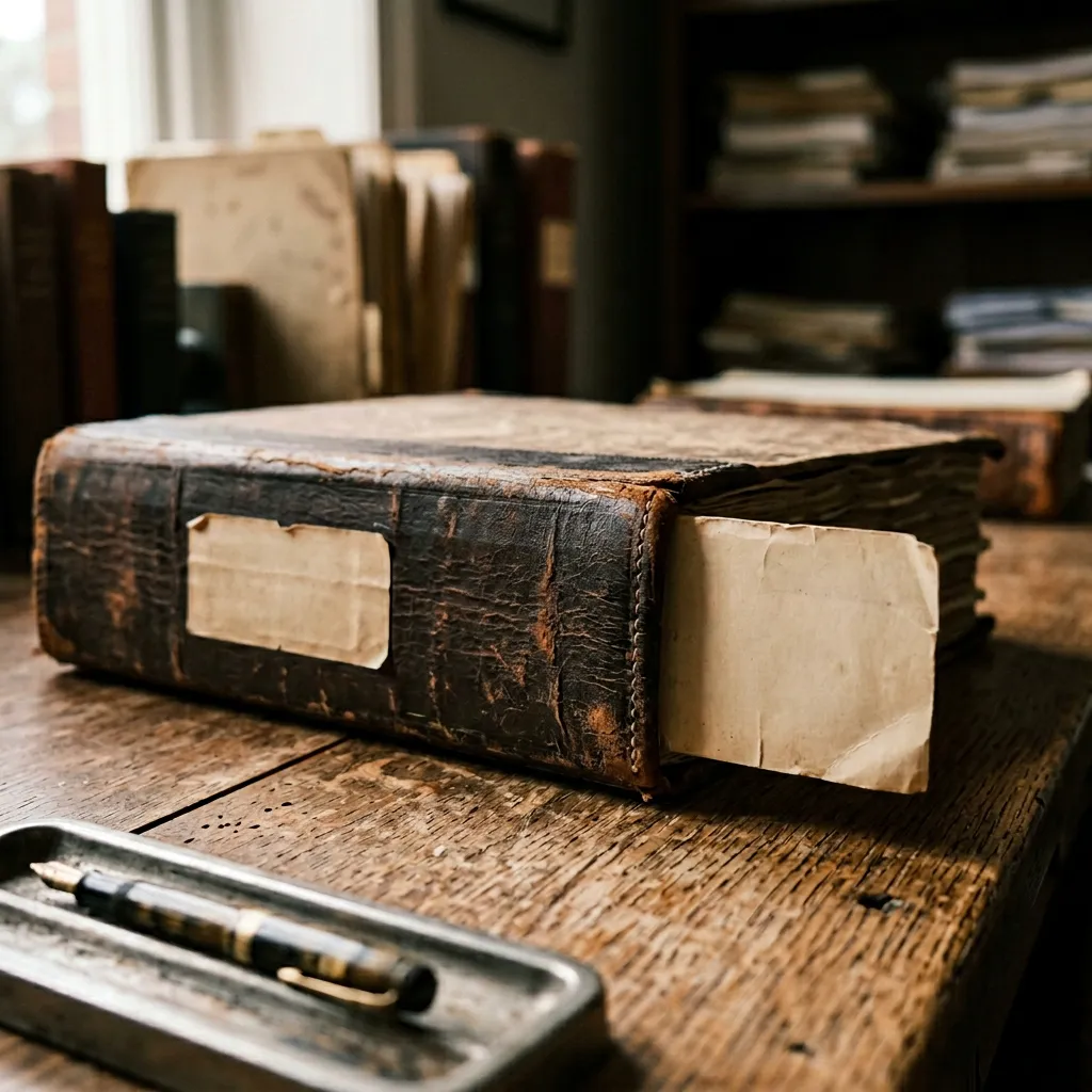 Leather-bound archive folder with dated tab — documentation culture
